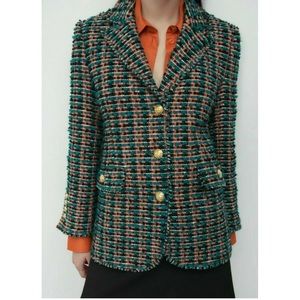 Zara NWT multicolor tweed blazer with gold button details SZ L